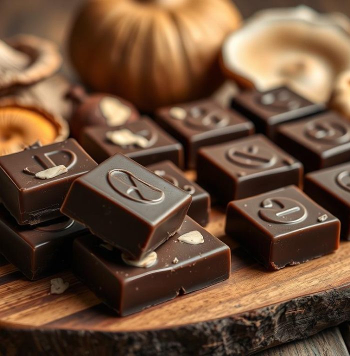 Assorted pieces of mushroom chocolate with functional mushrooms like lion's mane, reishi, and chaga showcasing the benefits of mushroom chocolate