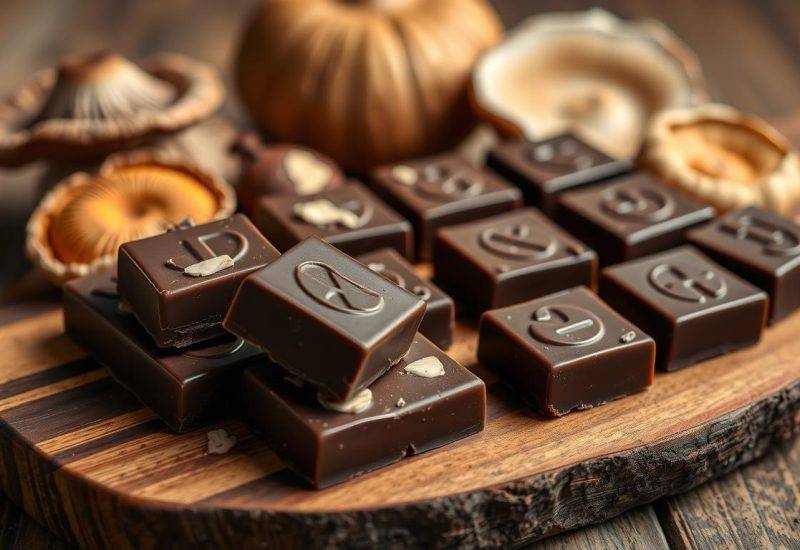 Assorted pieces of mushroom chocolate with functional mushrooms like lion's mane, reishi, and chaga showcasing the benefits of mushroom chocolate