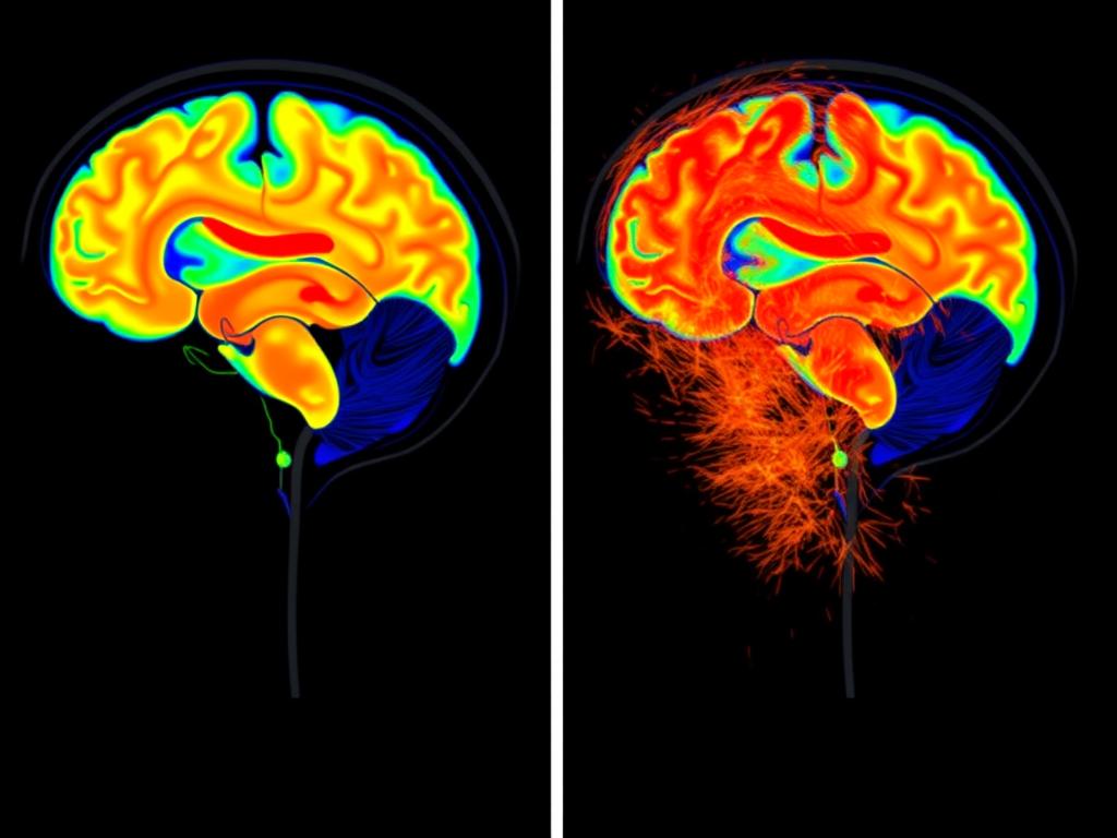 Brain scan comparison showing serotonin receptor activity with and without DMT influence