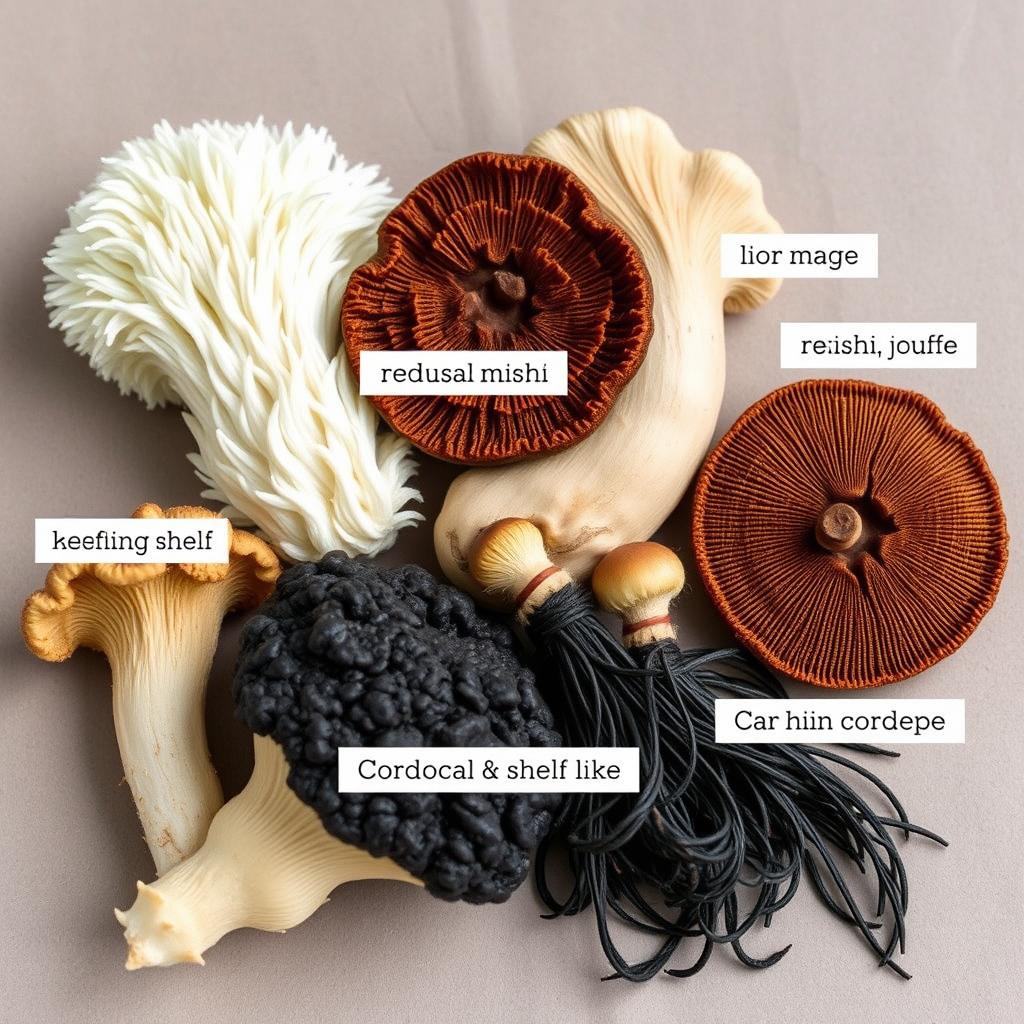 Close-up of functional mushroom varieties commonly used in regular mushroom chocolate