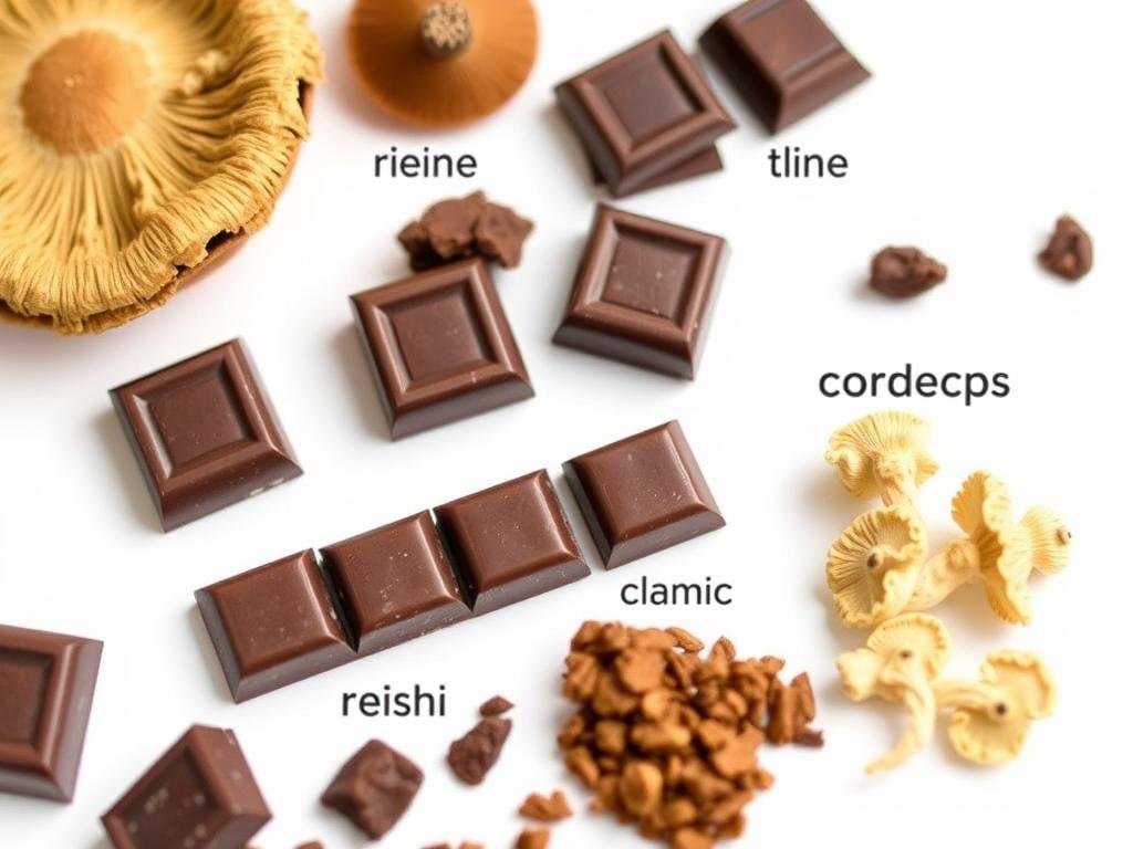 Close-up of functional mushroom varieties used in mushroom chocolate showing the benefits of different mushroom types
