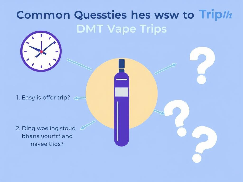 Common questions about DMT vape trip duration illustrated with clock and vape pen