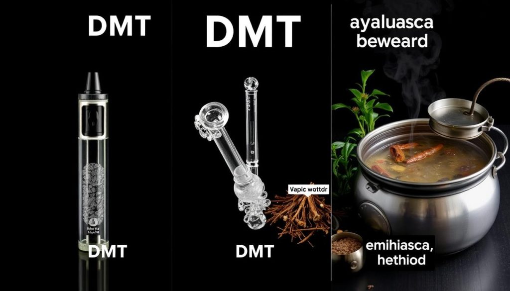 Comparison of different DMT consumption methods including vaping, smoking, and ayahuasca brewing