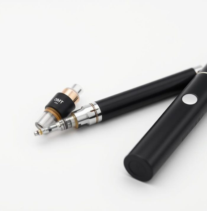 DMT vape cartridge next to a battery pen on a neutral background