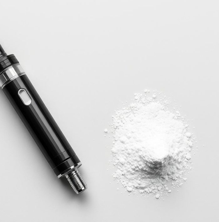 DMT vape pen next to crystalline DMT powder showing the physical difference between traditional DMT and vape formulations