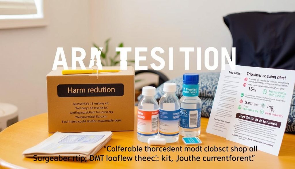 Harm reduction practices for DMT vape users showing testing kits and safe usage environment