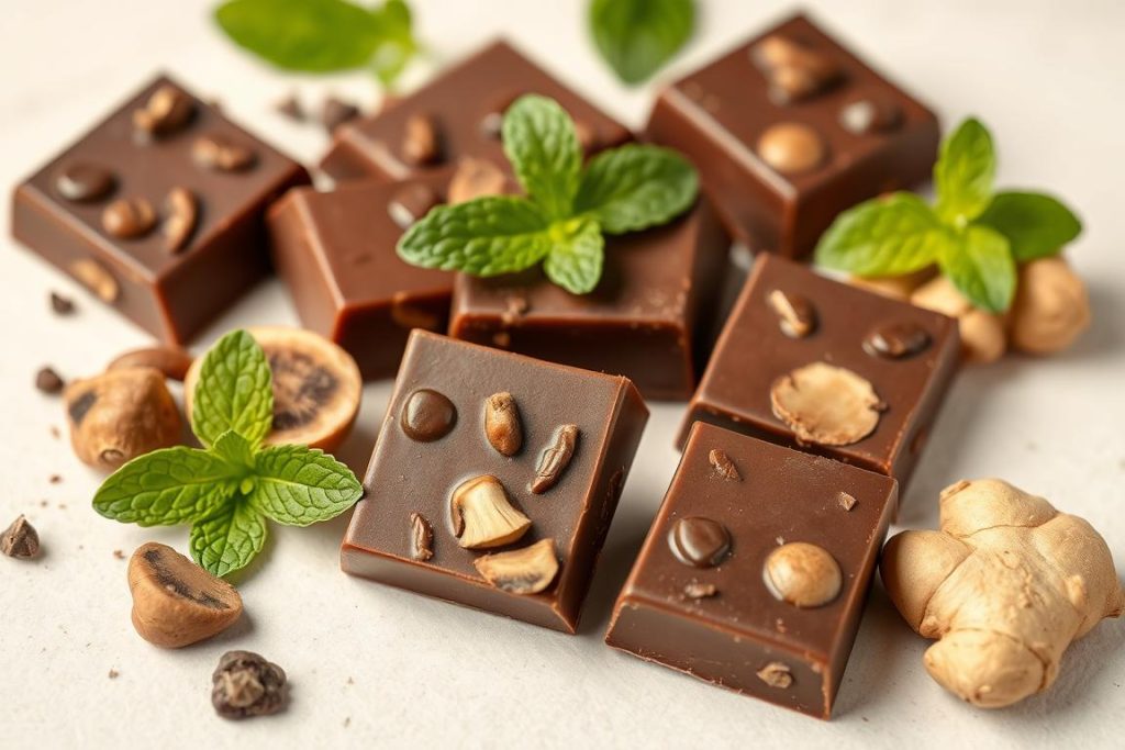 Mushroom chocolate with digestive herbs, illustrating the gut health benefits of mushroom chocolate
