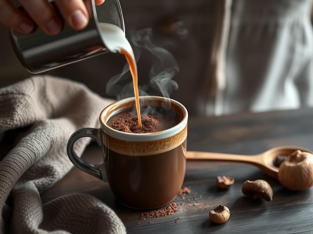Mushroom hot chocolate mix being prepared in a mug
