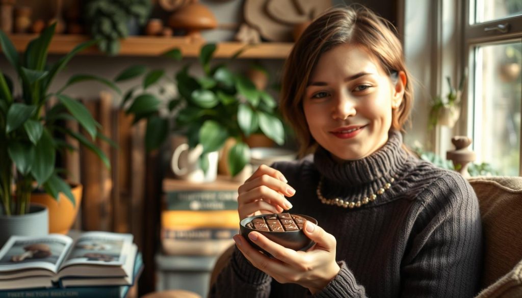 Person enjoying mushroom chocolate in a relaxing setting, summarizing the overall benefits of mushroom chocolate