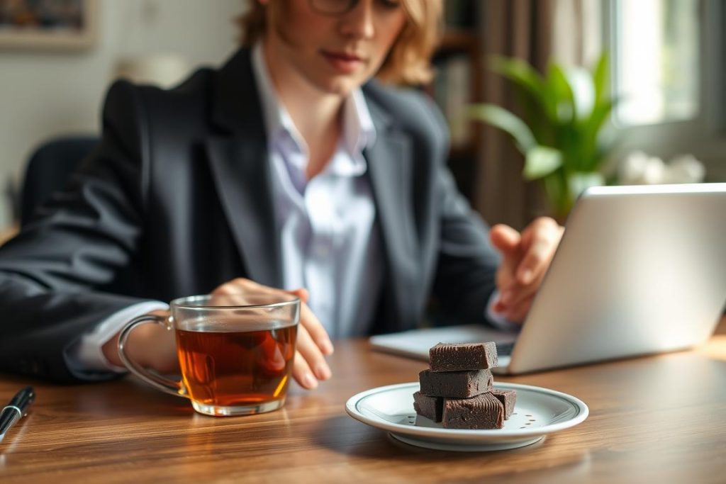 Person enjoying mushroom chocolate while working, illustrating the cognitive benefits of mushroom chocolate