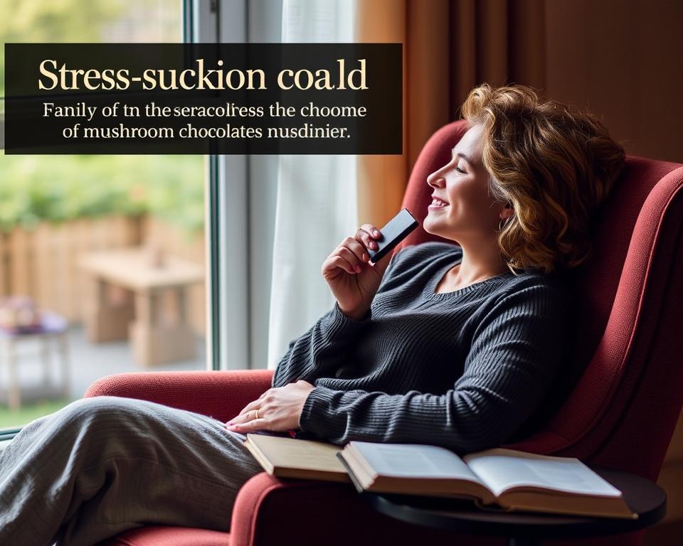 Person relaxing with mushroom chocolate, demonstrating the stress-reduction benefits of mushroom chocolate