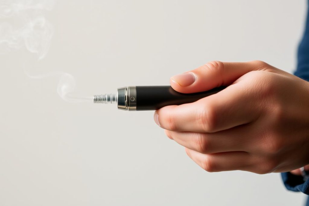 Person using a DMT vape pen showing the vapor inhalation process