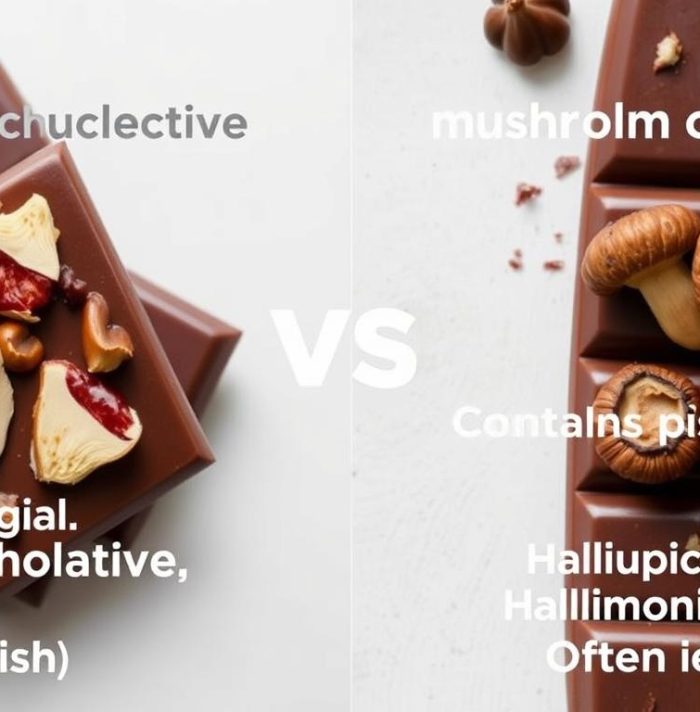 Visual comparison of regular mushroom chocolate vs psychedelic mushroom chocolate showing different ingredients and effects