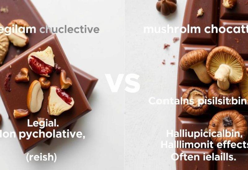 Visual comparison of regular mushroom chocolate vs psychedelic mushroom chocolate showing different ingredients and effects