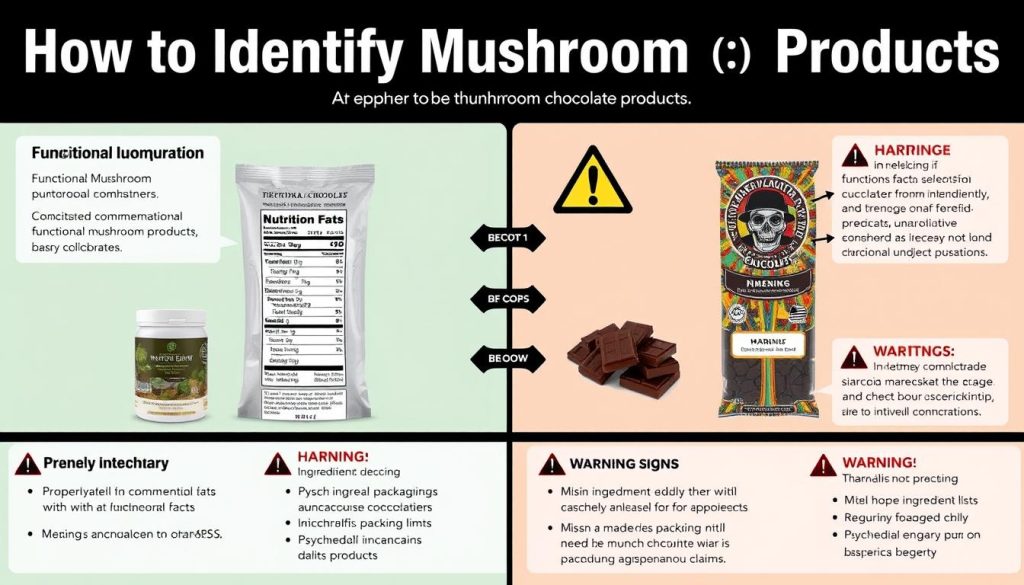 Visual guide showing how to identify different types of mushroom chocolate products through packaging, labeling, and appearance