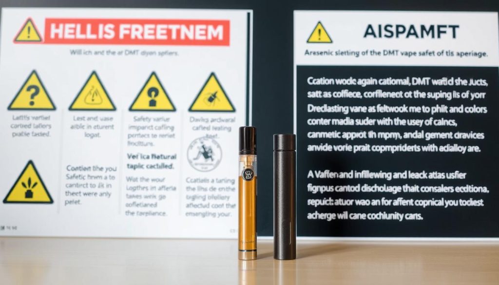 Warning signs and safety information displayed with a DMT vape cartridge